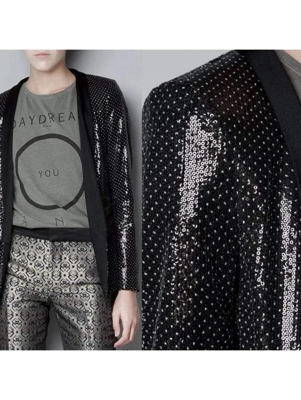 Zara Woman Gold Polka Dot Sequin
Embellished Open Front Tuxedo jacket
Blazer XS